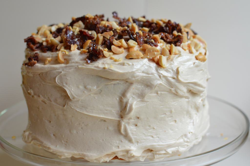 Triple Layer Bourbon Banana Cake With Fried Bananas, Peanut Butter