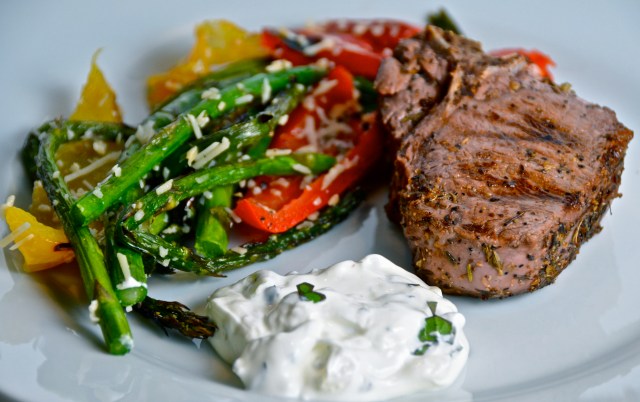 Grilled Lamb Chops With Mint Cream Sauce. Grilled Asparagus And Peppers