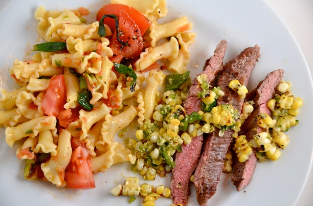 Grilled Steak with PoblanoCorn Salsa. Pasta with Tomatoes and Grilled